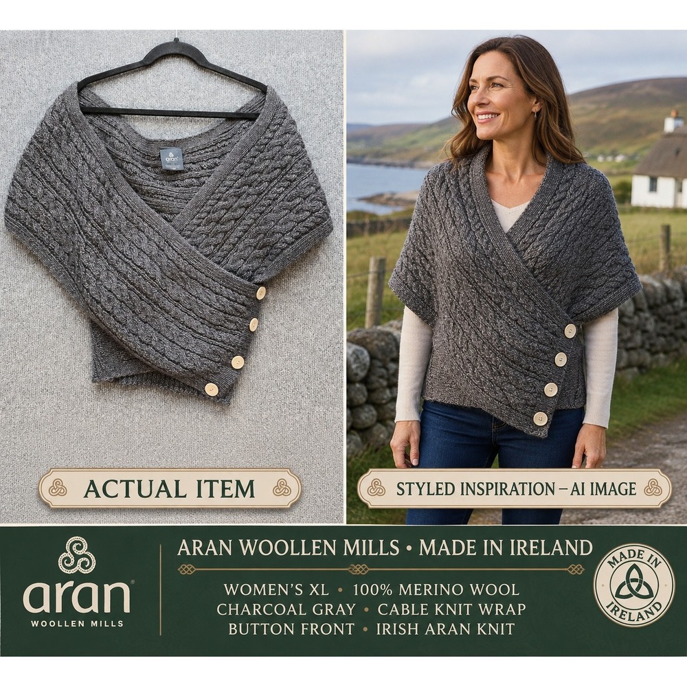Aran Woollen Mills Cable Knit Wrap Womens XL Merino Wool Gray Excellent Aran